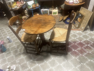 Walnut bistro table and 2 ladder back straw chairs #63 MTS VV