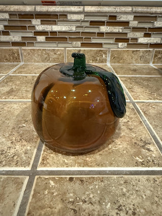 Hand Blown Art Glass Pumpkin & Stem 4” Amber Gold Harvest Fall Decor RCD