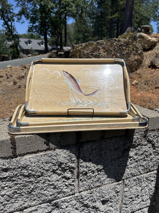12F vintage set of 3 Woodpecker Woodware blonde wood trays with etched and painted fish MTS|83689