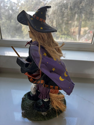 Halloween Witch Figure Ghost Pumpkin Broomstick Purple Cape Resin Folk Art Mache|116126