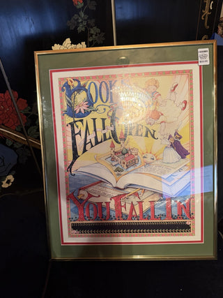 Vintage 1980's Mary Engelbreit Brass Frame Books Fall Open Fine Art Print frame #62 VV MTS