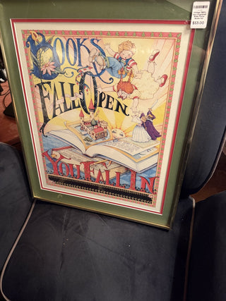 Vintage 1980's Mary Engelbreit Brass Frame Books Fall Open Fine Art Print frame #62 VV MTS