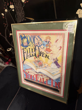 Vintage 1980's Mary Engelbreit Brass Frame Books Fall Open Fine Art Print frame #62 VV MTS