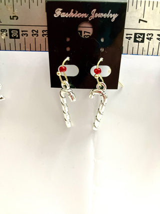Silver drop dangle Christmas candy cane earrings|131174