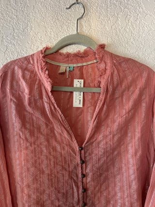 12F PILCRO ANTHROPOLOGIE Tavi Pink Metallic button down blouse size 1X MTS|65068