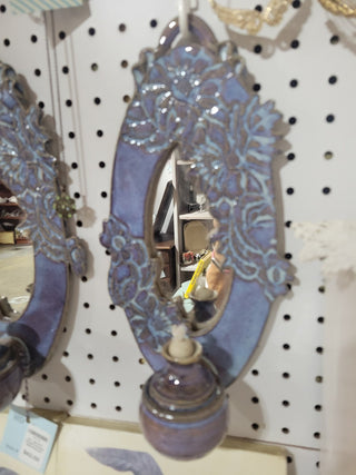 Two Pottery Wall Sconces Purple w/Mirror & Oil Lamp RCD