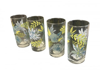 CERA Vintage Mid Century Modern Blue Floral Highball Glasses 16 Oz Set Of 4-RSV