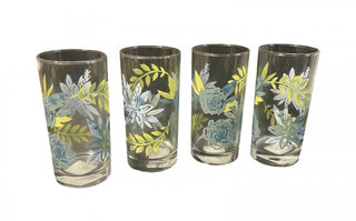CERA Vintage Mid Century Modern Blue Floral Highball Glasses 16 Oz Set Of 4-RSV
