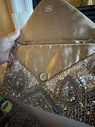 Gold/silver beaded Clutch by Stephanie Nicole, gold metallic strap 9.5" x 6" RCD|75969