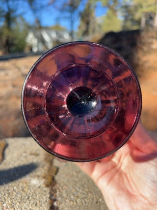 JP 4.5” Compote Bowl Coin Spot Thumbprint Amethyst Pedestal Ruffle Carnival Glass