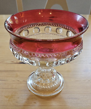 Vintage Indiana Glass Kings Crown Cranberry Flashed Pedestal Bowl Large Compote, RSV