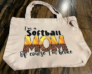 "I'm a Softball Mom" Leopard Large Zippered Canvas Tote RSV