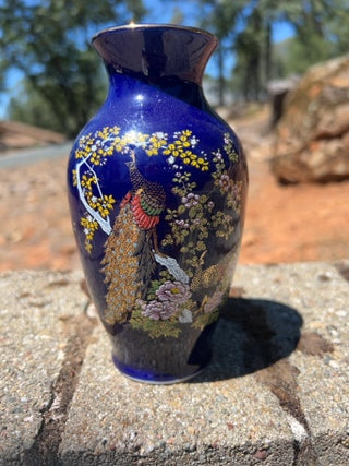 BB Vintage 6.5” Asahi Japanese Peacock And Floral  Vase Cobalt Blue Vases Japan