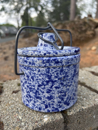 vintage blue and white speckled spongeware crock