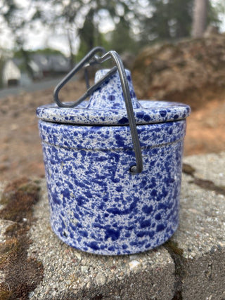 vintage blue and white speckled spongeware crock