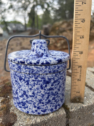 vintage blue and white speckled spongeware crock