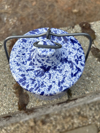 vintage blue and white speckled spongeware crock