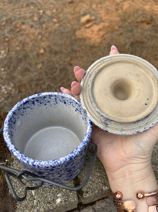 vintage blue and white speckled spongeware crock