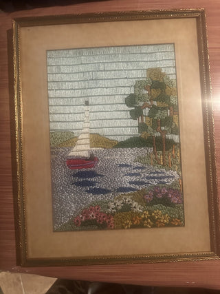 Vintage Yarn Ocean sail boat Barn Framed Art Crewel #62 VV MTS|66102
