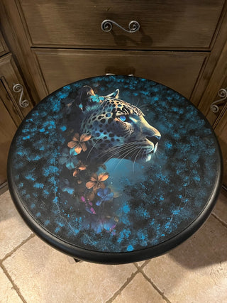 Leopard w/Blue Eyes Black Side Table Custom Designed RSV|104718
