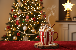 Hot chocolate in front of a christmas tree