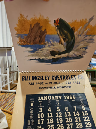 Vintage 1966 3D Fishing Scene Calendar Signed Sweney Billingsley Chevrolet