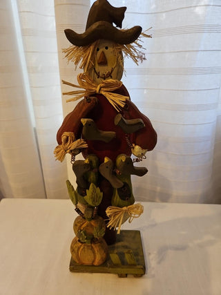 Decorative Wooden Scarecrow with Black Birds and Pumpkins