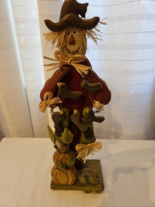 Decorative Wooden Scarecrow with Black Birds and Pumpkins