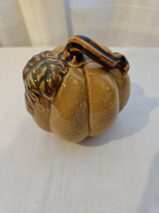 Glazed Ceramic Pumpkin with Leaf and Curled Stem