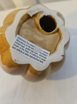 Glazed Ceramic Pumpkin with Leaf and Curled Stem