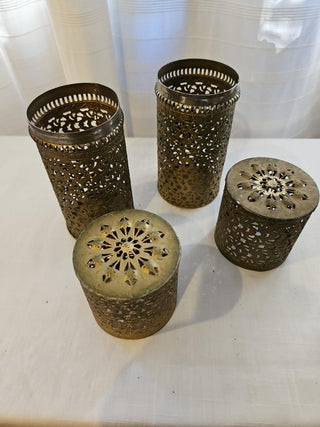 Vintage Pierced Brass Vanity Containers Pair