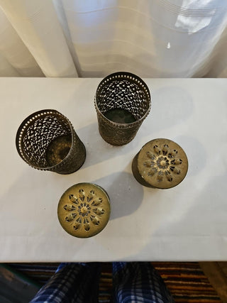 Vintage Pierced Brass Vanity Containers Pair