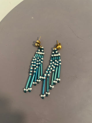teal blue /white beaded earrings