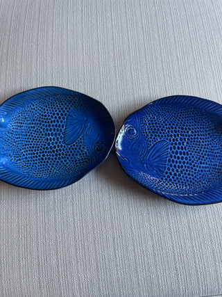 Vintage Fish Pottery Plate Dish Kotobuki Platter Cobalt Blue Japan Art 9.5”