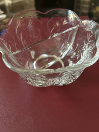 VTG clear cut glass divided bowl w/ scalloped rim