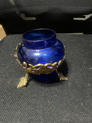 Cobal blue round planter in brass holder