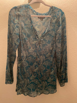 I N C silk top  blue paisley