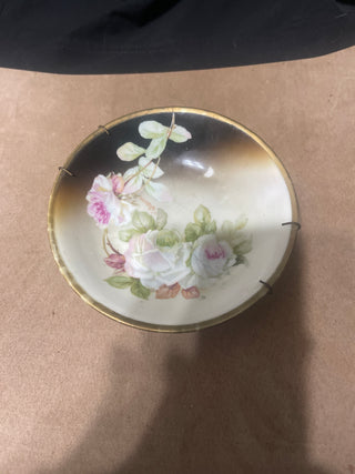 small brown saucer with pink flowers rsv