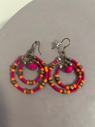 Pink and orange beaded hoop earrings