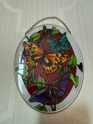 Stained Glass Suncatcher Butterflies Oval 5.25" White Edge