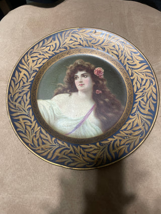 Metal advertisement plate, plates, woman, blue, and golden color