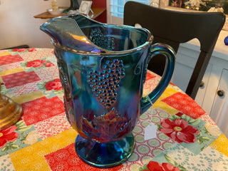 Blue Iridescent Carnival Glass Pitcher