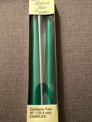 Vintage Green Glittered Taper Candles, Set of 2