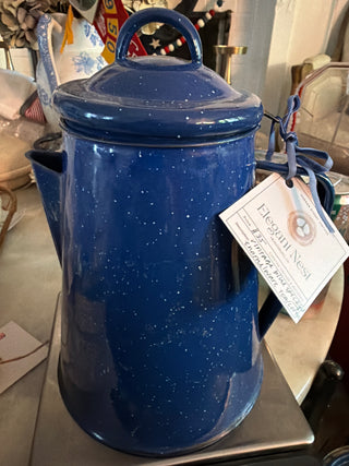 Vtg blue speckled enamelware, tea/coffee pot