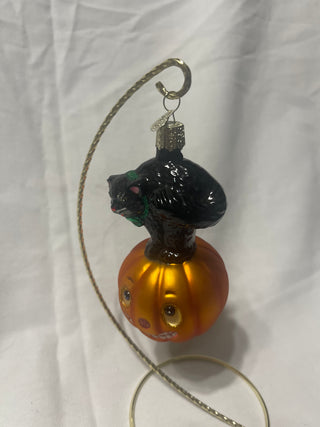 Old world, Christmas Halloween vintage 2002 black cat with pumpkin stand, not included