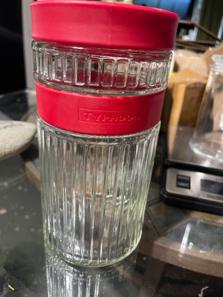 clear glass red lid jar