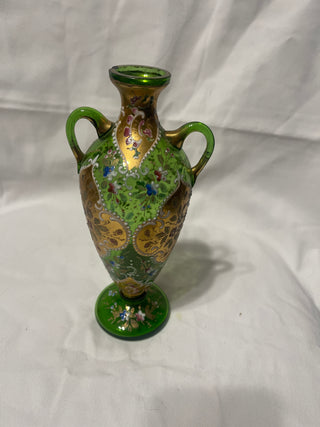Green ornate vase small chip on rim