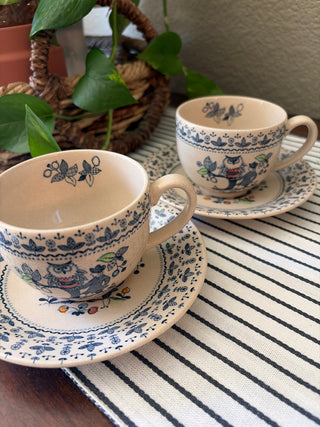 Vtg Sugar & Spice Ironstone Owl Tea Set (4 in set-2cups/2saucers)