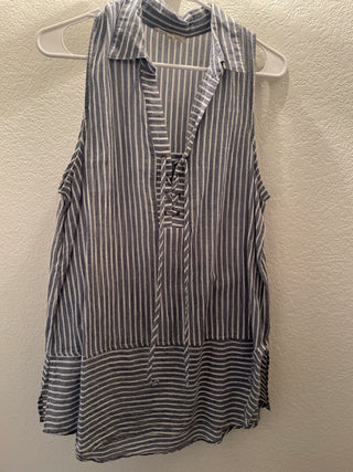 Blue and white striped sleeveless top