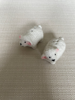 Adorable white & pink ceramic lamb sheep salt & pepper shaker set